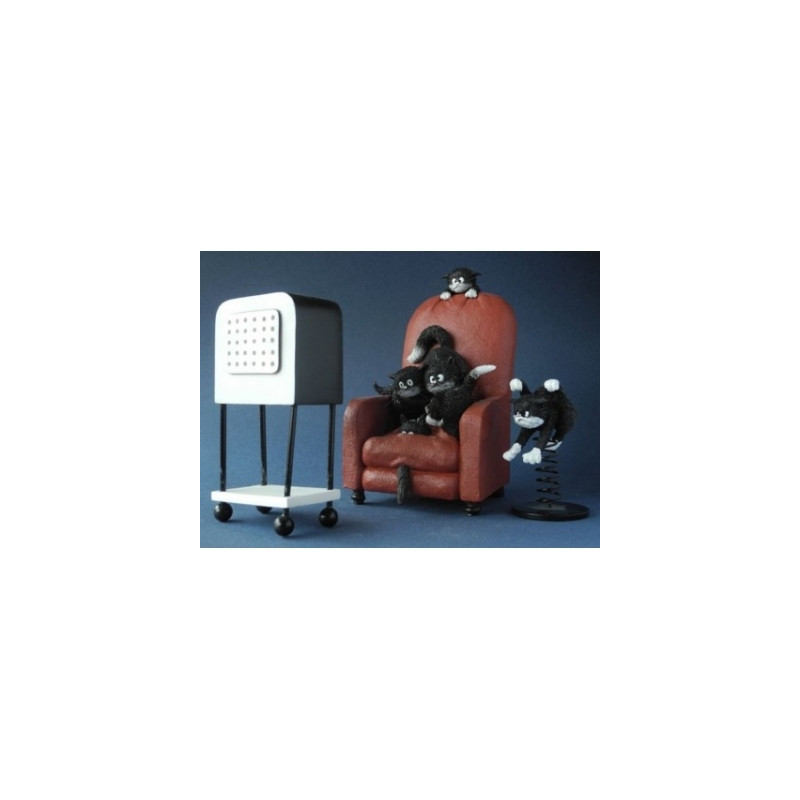 Animaux-Bois-Animaux-Bronzes.com propose Chat Dubout kitten on chair set -DUB59