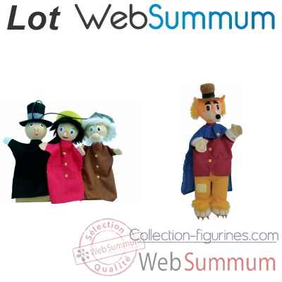 Lot marionnettes a mains en tissus Pinocchio, Gepetto, Jiminy, Renard -LWS-501